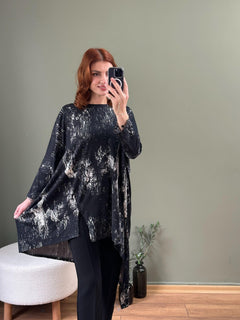Asimetrik kesim yarasa kol pamuk tunik batik desen