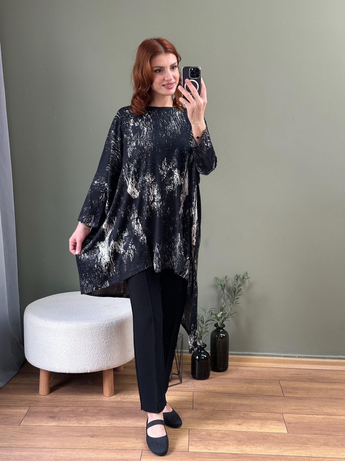 Asimetrik kesim yarasa kol pamuk tunik batik desen