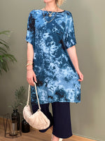 ASİMETRİK PAMUK BLUZ MAVİ BATIK DESEN