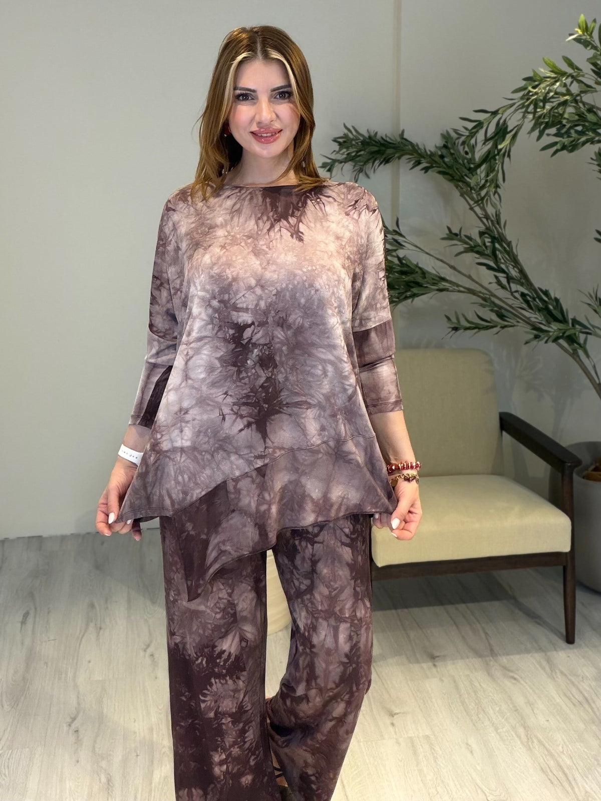 Asimetrik Tunikli Batik Takım Kahve