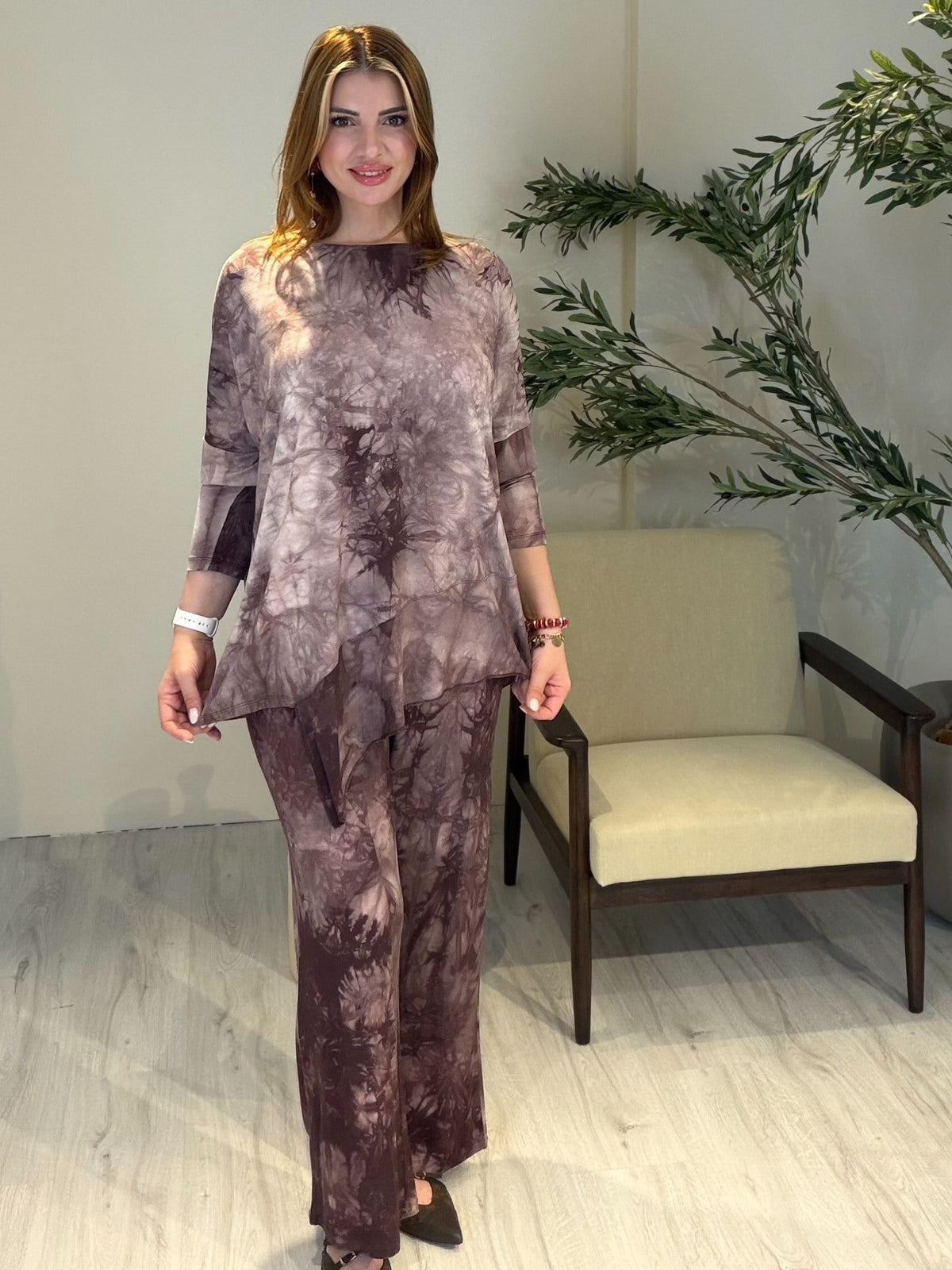 Asimetrik Tunikli Batik Takım Kahve