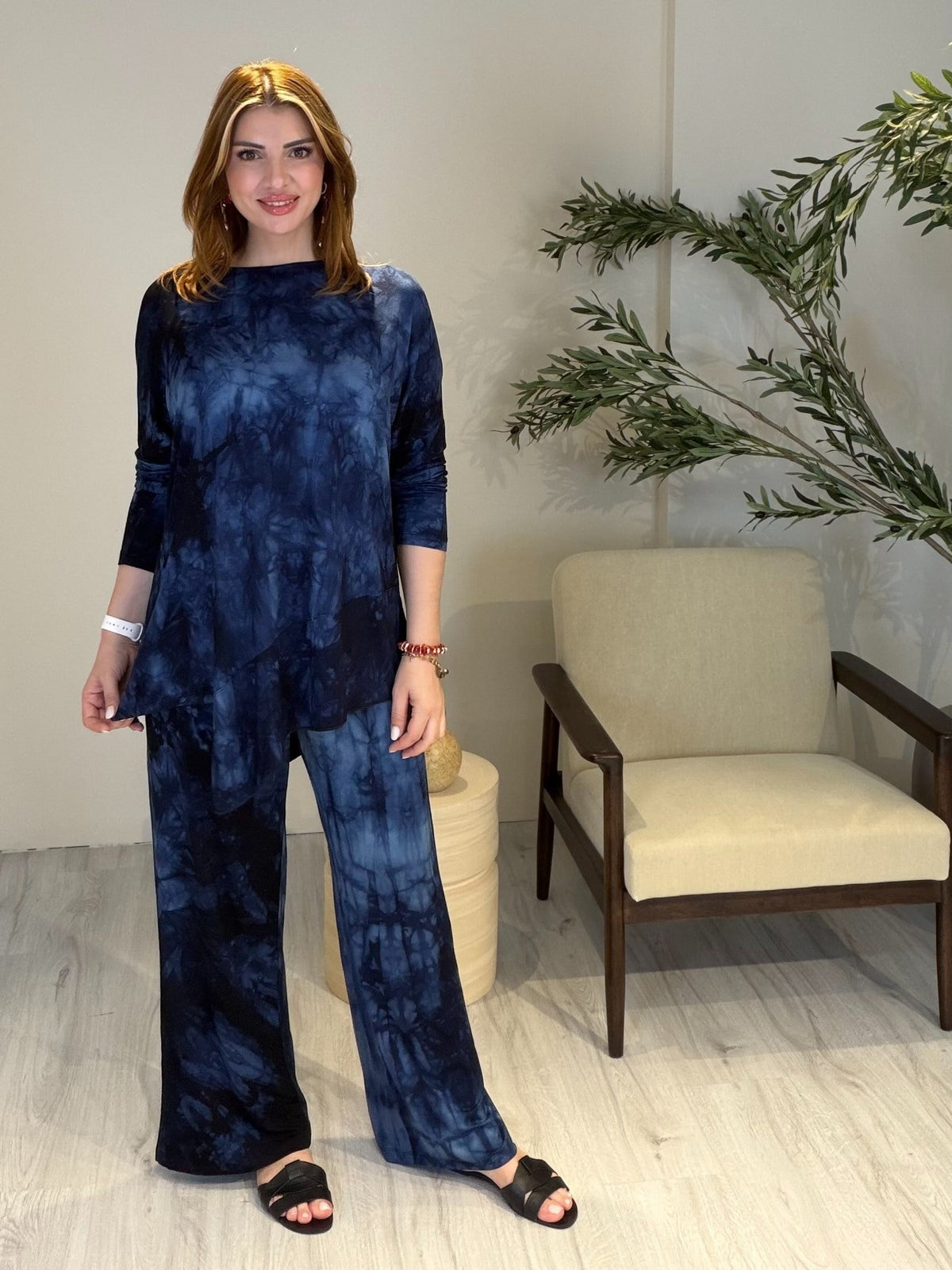 Asimetrik Tunikli Batik Takım Lacivert