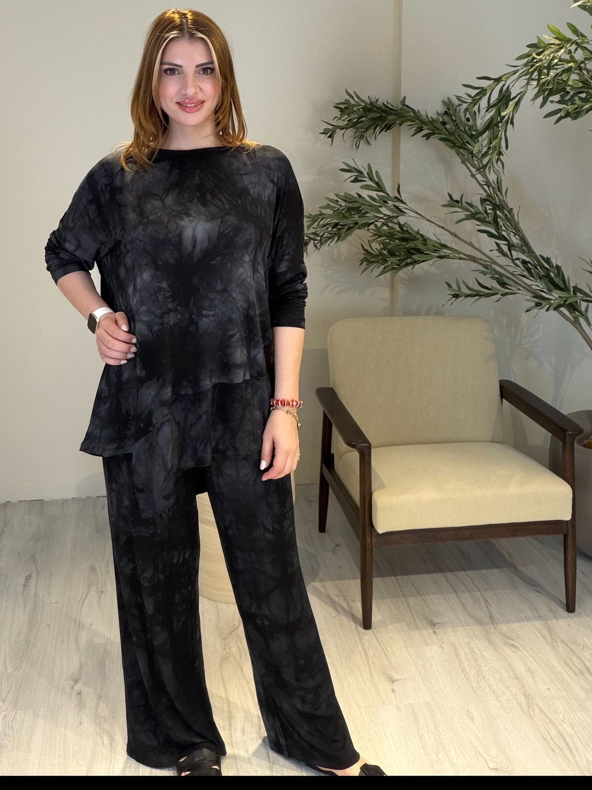 Asimetrik Tunikli Batik Takım Siyah
