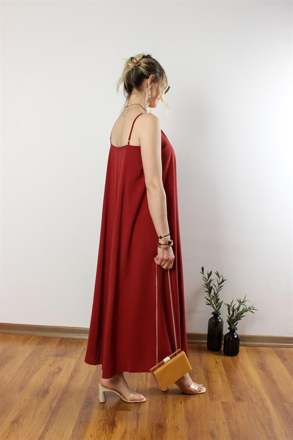 ASKILI TENSEL KUMAŞ ELBİSE KİREMİT