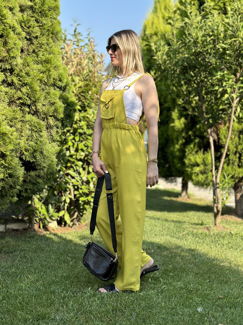 AYARLANABİLİR ASKILI AKSESUARLI KETEN SALOPET