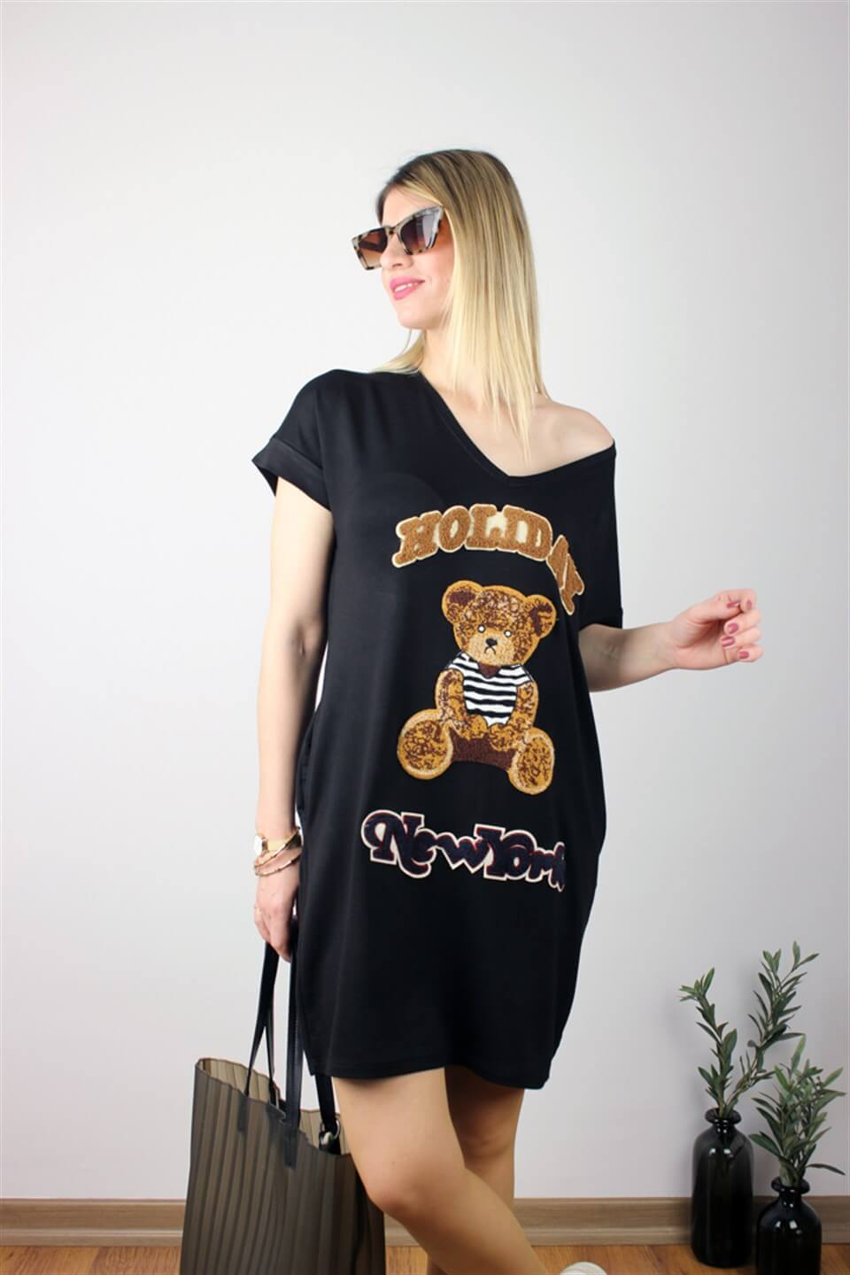 AYICIK NAKIŞ İŞLEMELİ PAMUKLU SWEAT ELBİSE