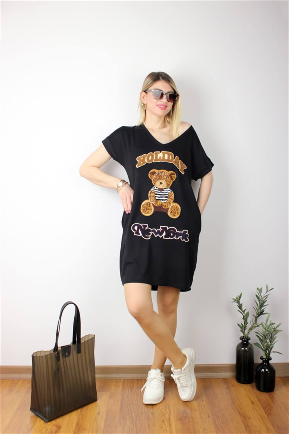 AYICIK NAKIŞ İŞLEMELİ PAMUKLU SWEAT ELBİSE