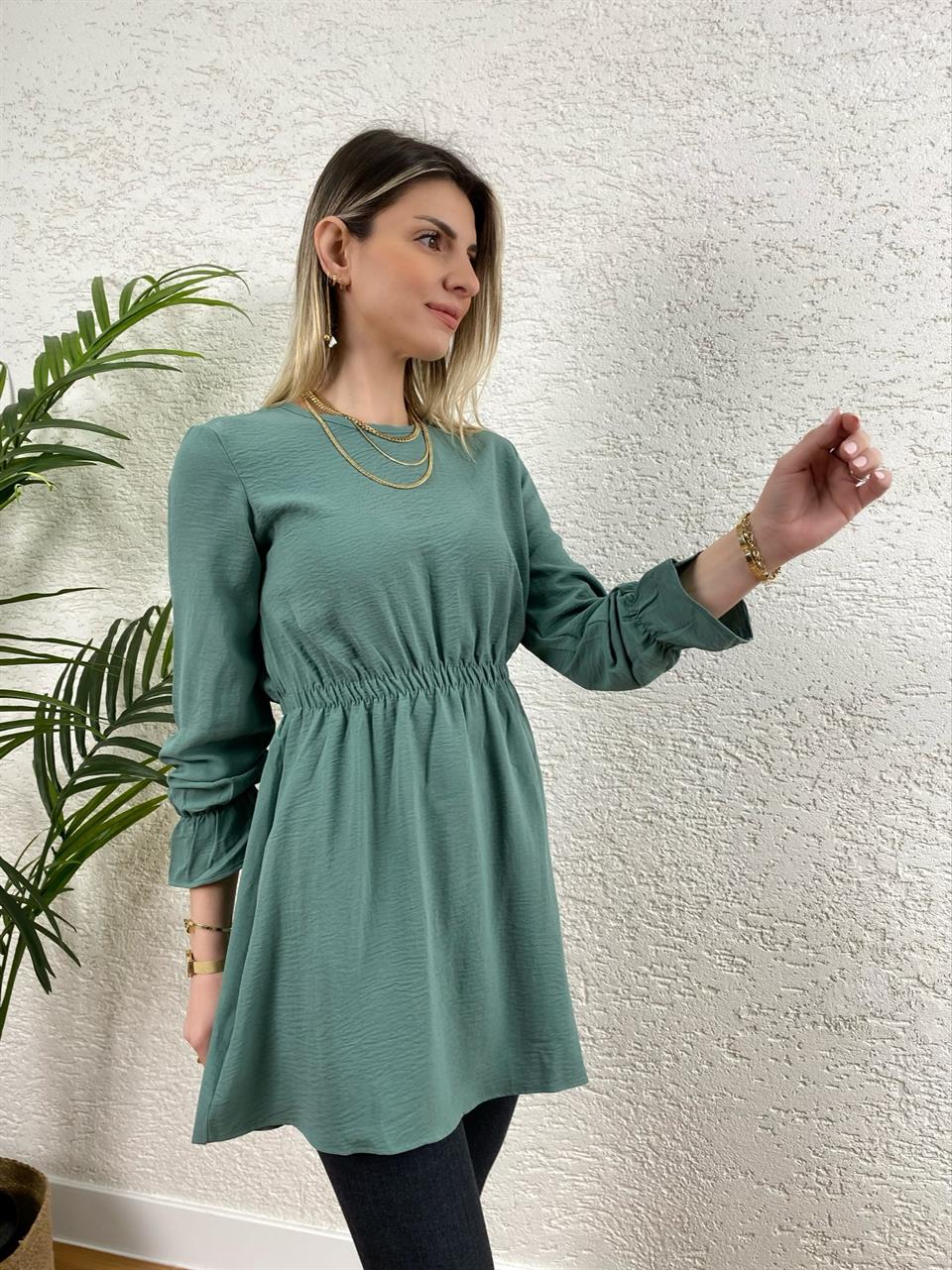 AYROBİN KUMAŞ BEL VE KOL BÜZGÜLÜ TUNİK ÇAĞLA