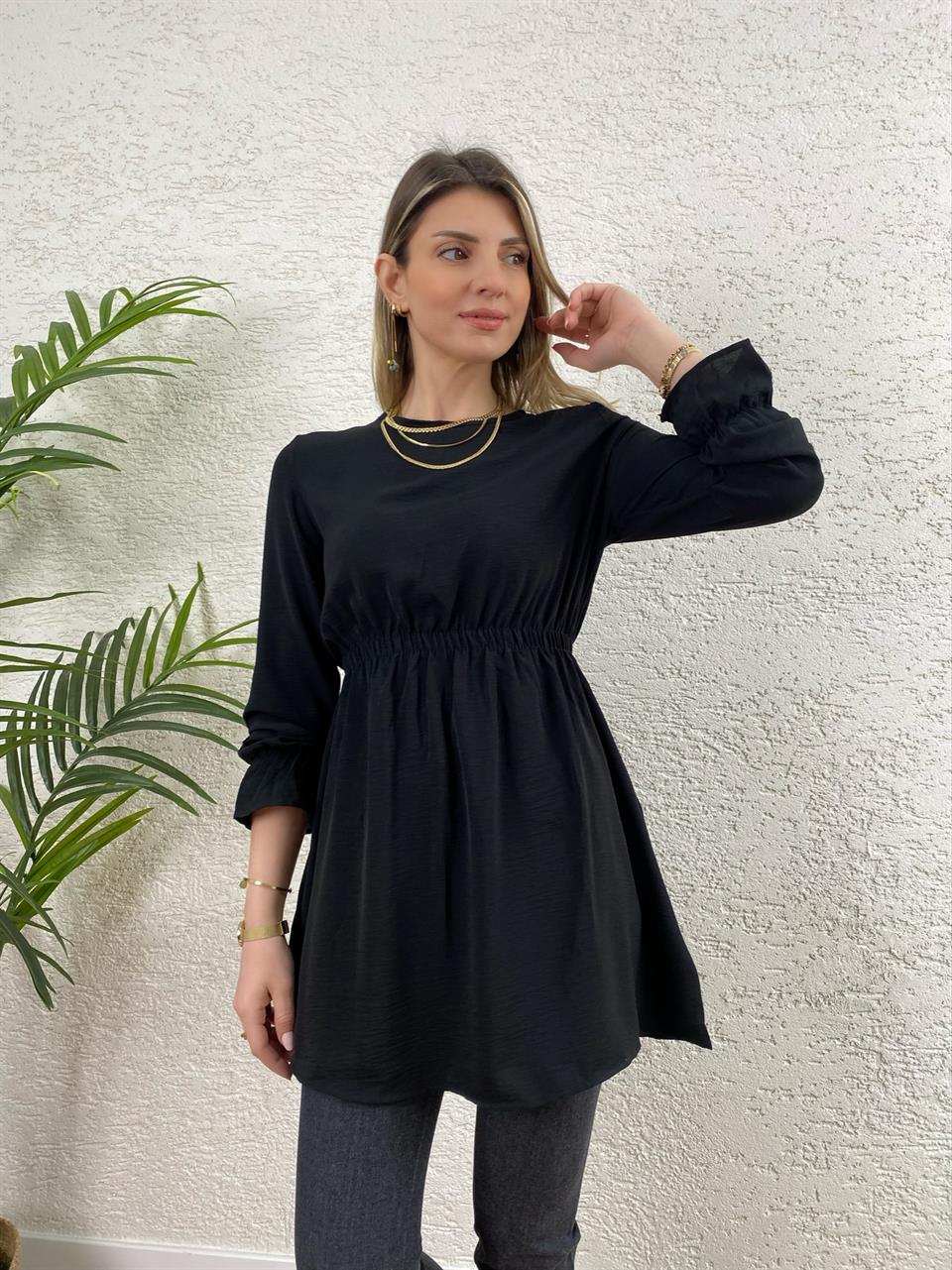 AYROBİN KUMAŞ BEL VE KOL BÜZGÜLÜ TUNİK SİYAH