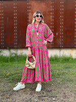 BALON KOL ETNİK DESEN ELBİSE PEMBE