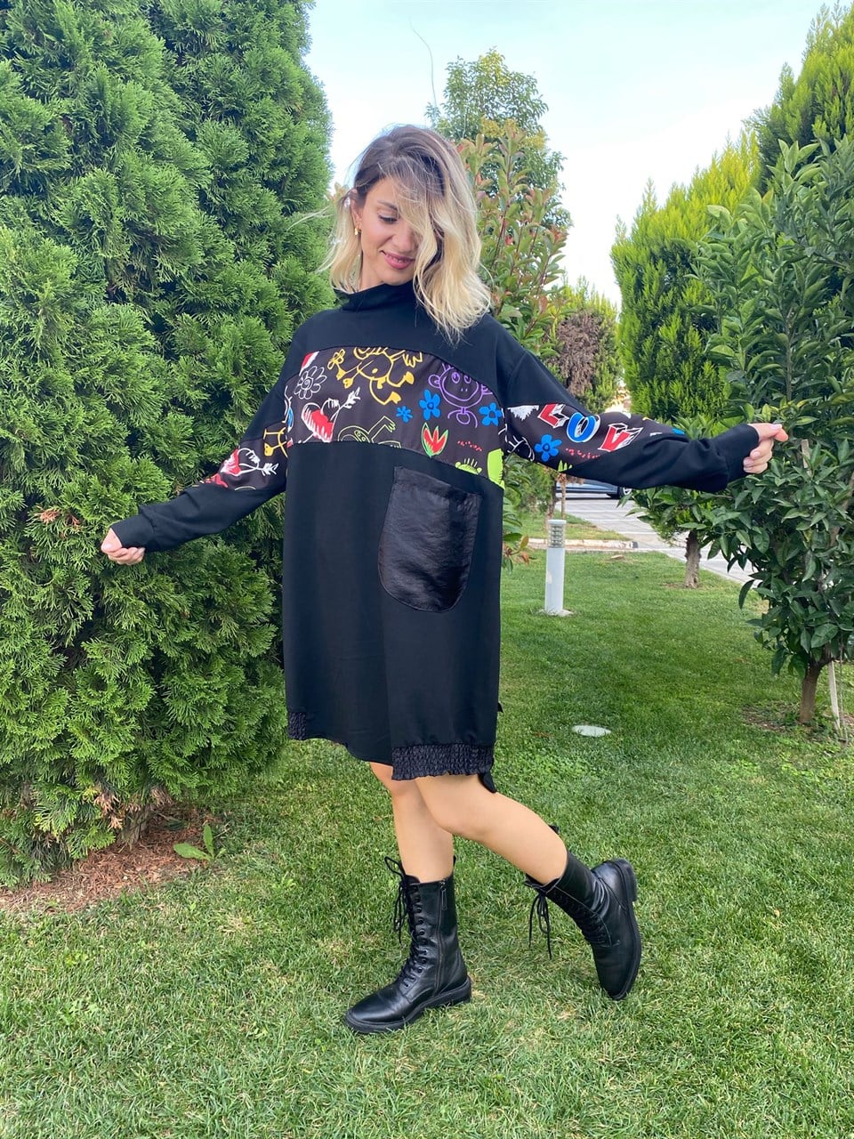 BASKILI OVERSİZE SWEAT ELBİSE