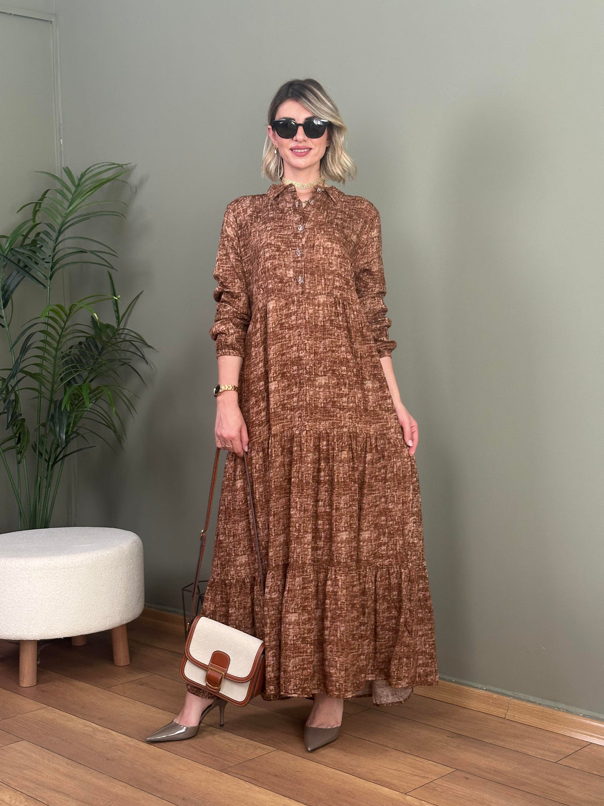 BATIK DESEN GÖMLEK YAKA ViSKON ELBİSE KAHVE