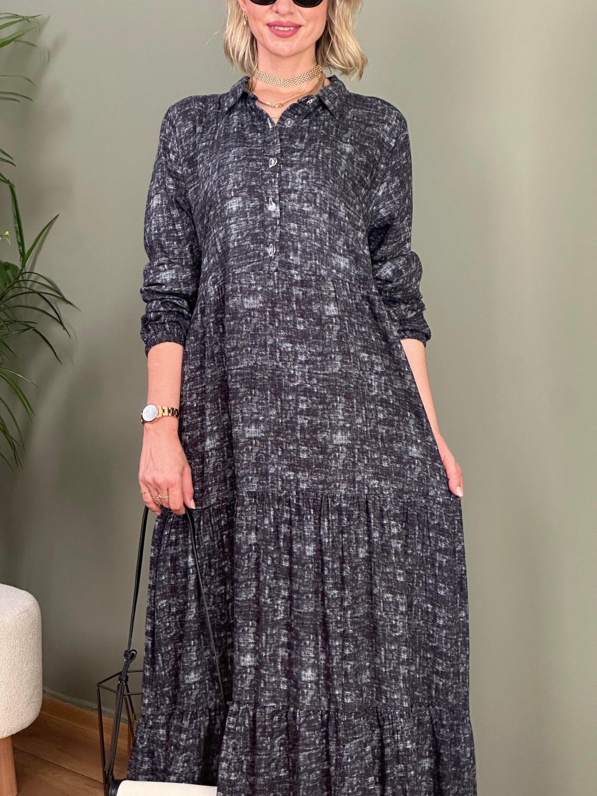 BATIK DESEN GÖMLEK YAKA ViSKON ELBİSE ANTASIT