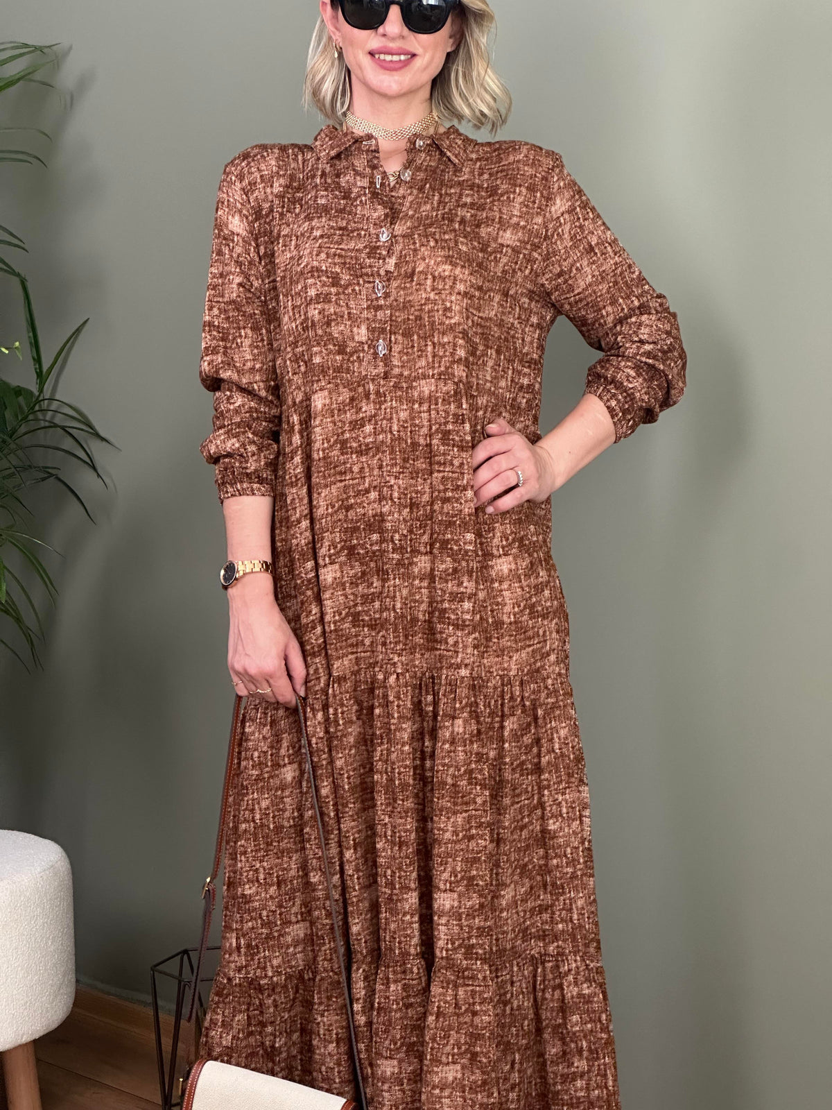BATIK DESEN GÖMLEK YAKA ViSKON ELBİSE KAHVE