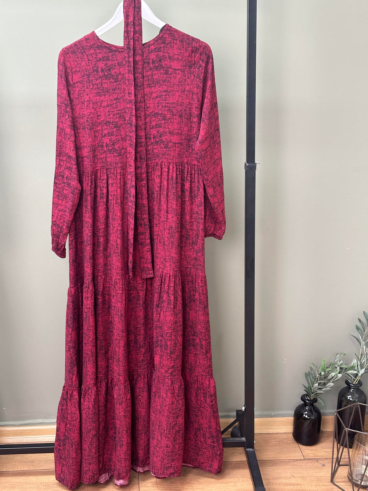 BATİK DESEN VİSKON ELBİSE BORDO