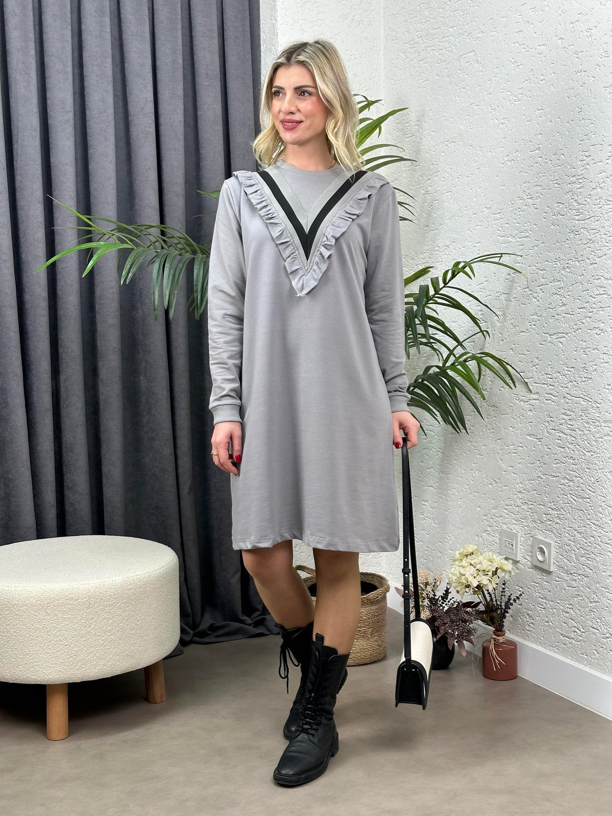 BATTAL BEDEN V YAKA RİBANA GÜPÜR TUNİK GRİ