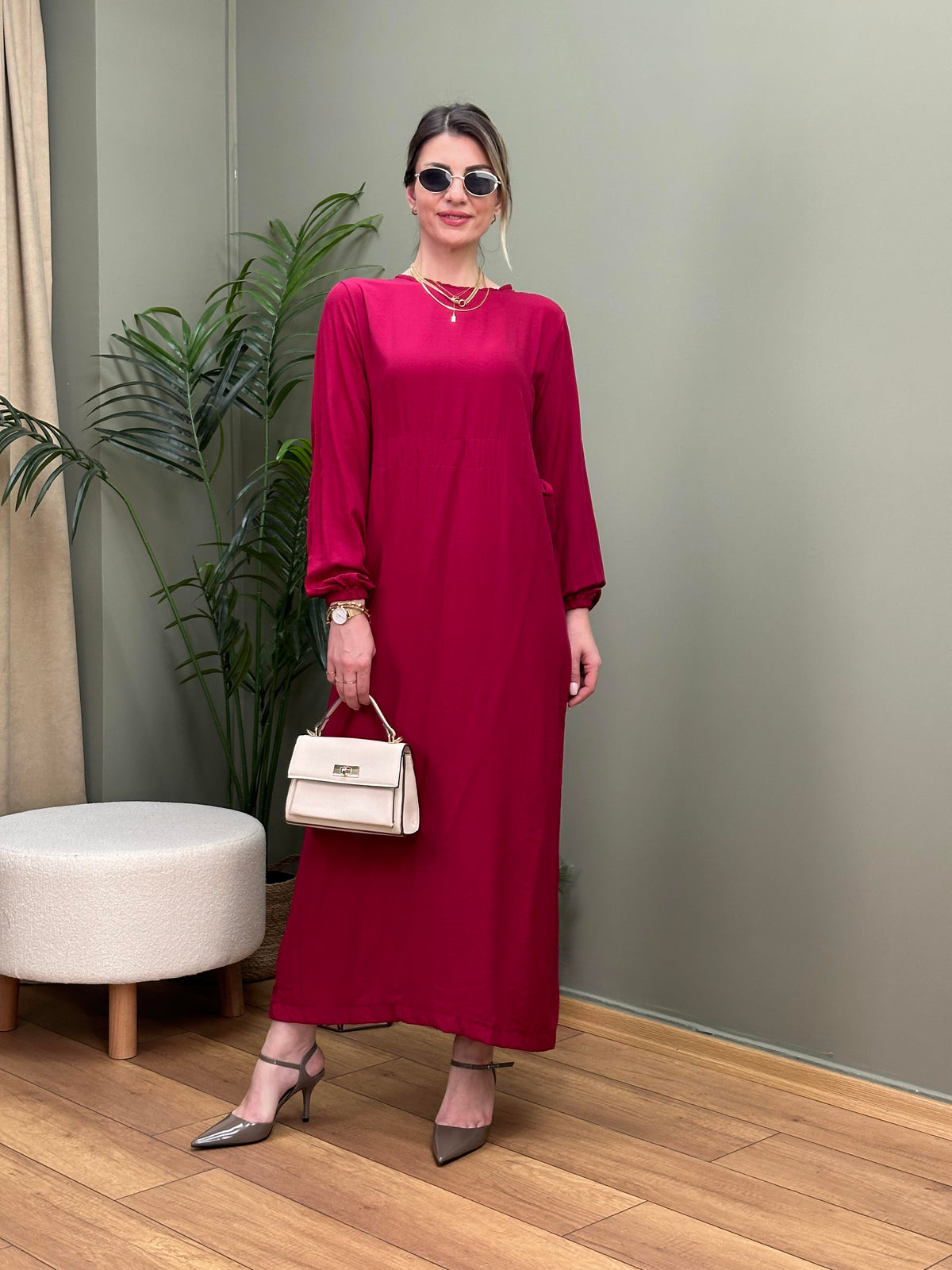BEL BUZGULU VİSKON ELBİSE BORDO