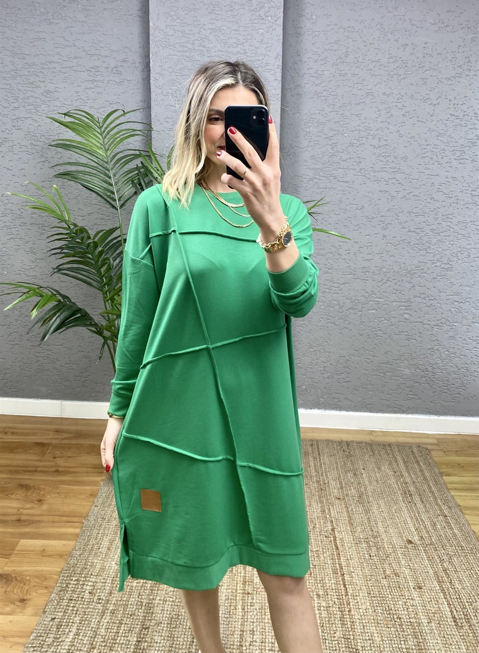 BENETTON YEŞİL  OVERSİZE GEOMETRİK  DİKİŞ DETAYLI SWEAT TUNİK