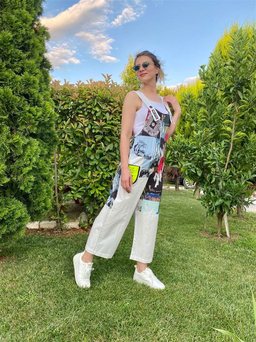 BEYAZ TEKNİK KUMAŞ PATCH BASKILI ASKILI TULUM
