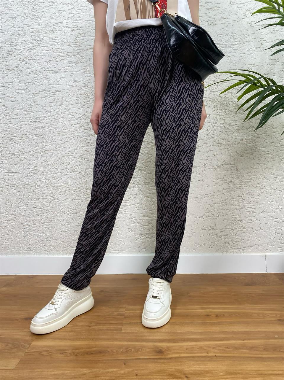 BÜRÜMCÜK KUMAŞ BEL LASTİKLİ PANTOLON SİYAH ZEBRA