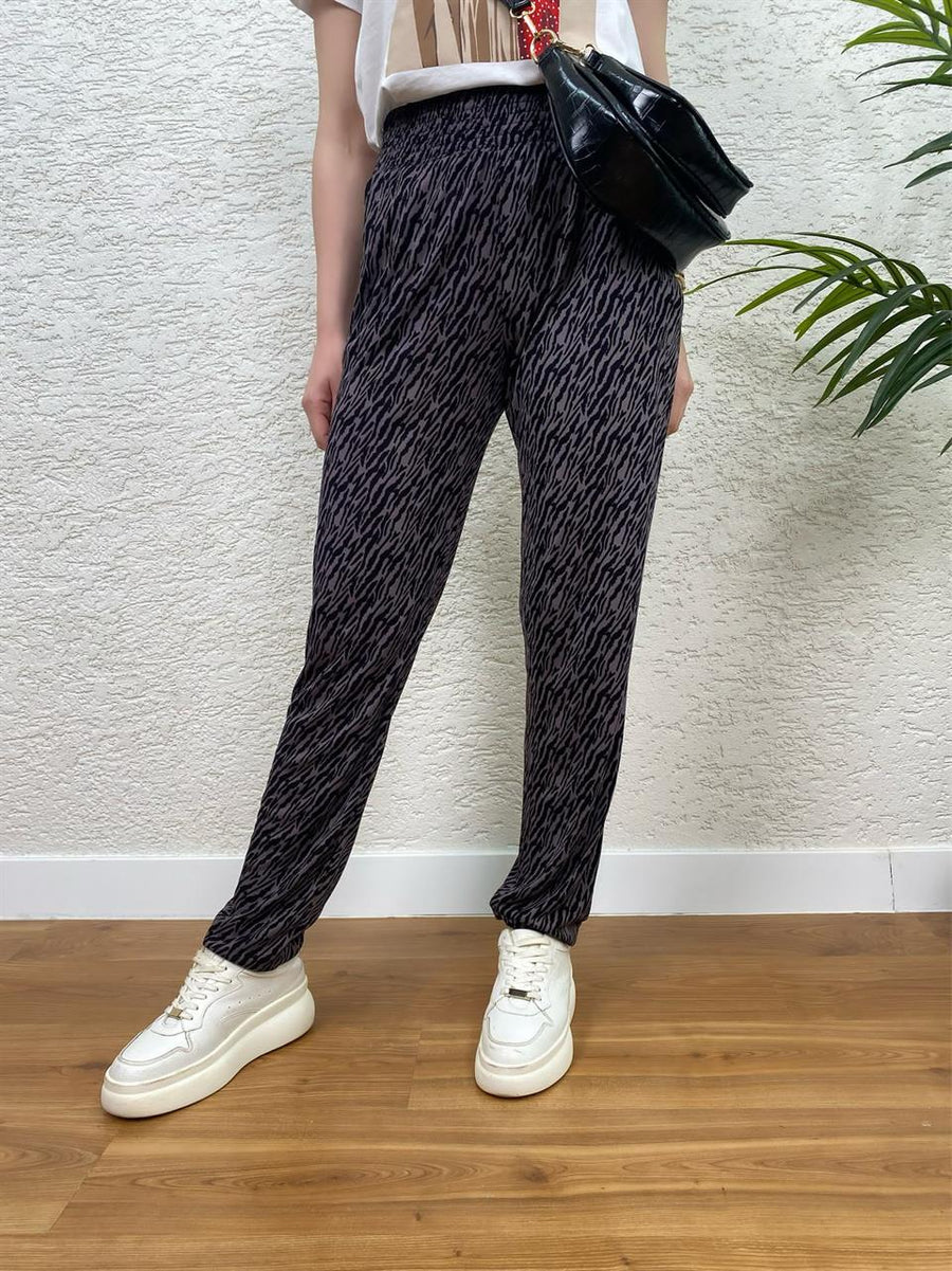 BÜRÜMCÜK KUMAŞ BEL LASTİKLİ PANTOLON SİYAH ZEBRA