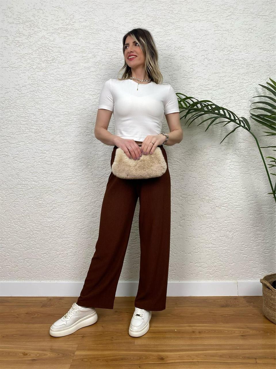 BÜRÜMCÜK KUMAŞ LİKRALI PANTOLON KAHVE