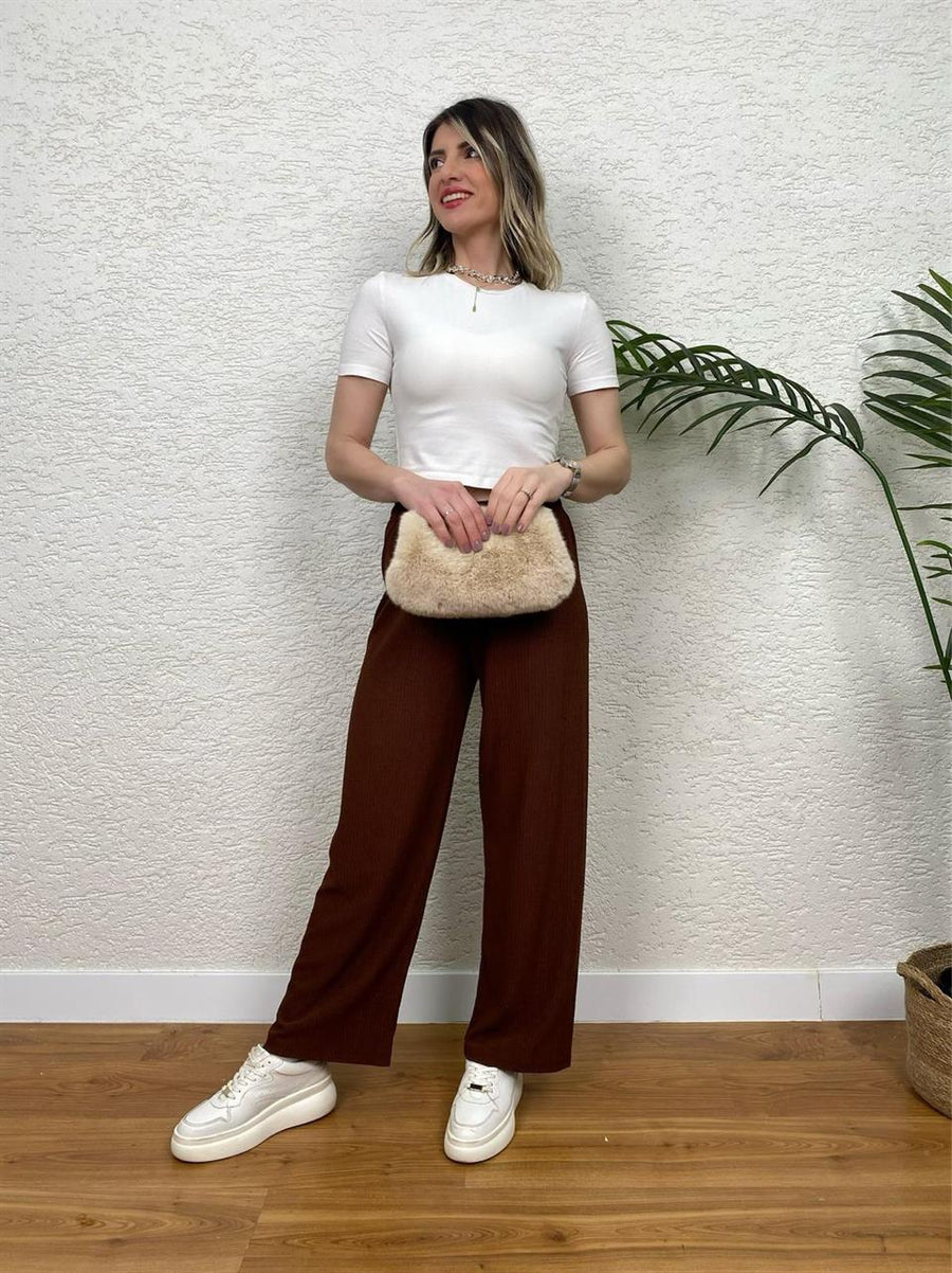 BÜRÜMCÜK KUMAŞ LİKRALI PANTOLON KAHVE