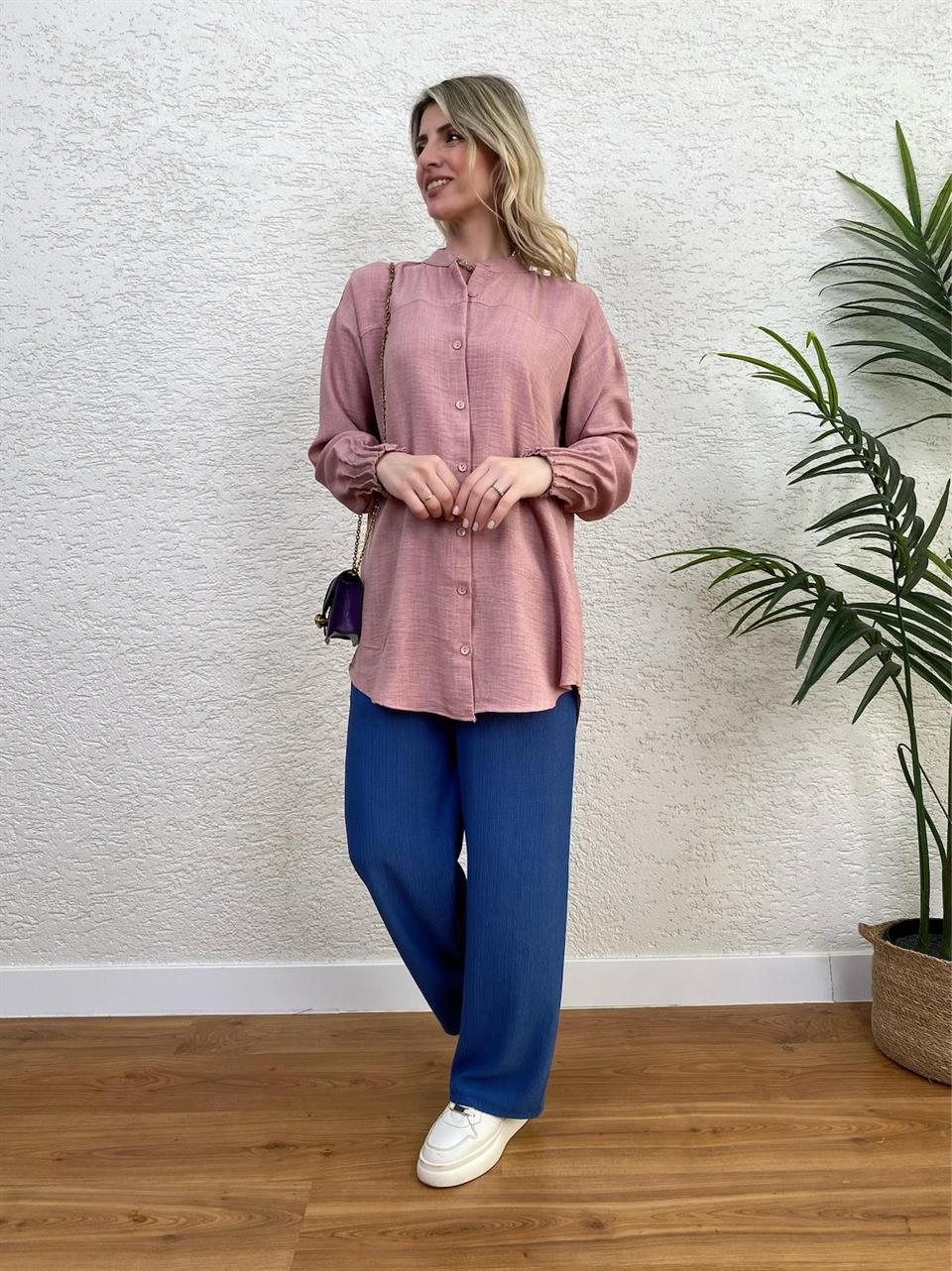 BÜRÜMCÜK KUMAŞ LİKRALI PANTOLON SAKS MAVİ