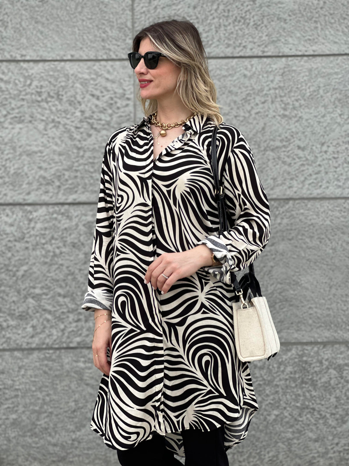 BÜYÜK BEDEN STİL GÖMLEK ETNİK DESEN ZEBRA SİYAH BEYAZ