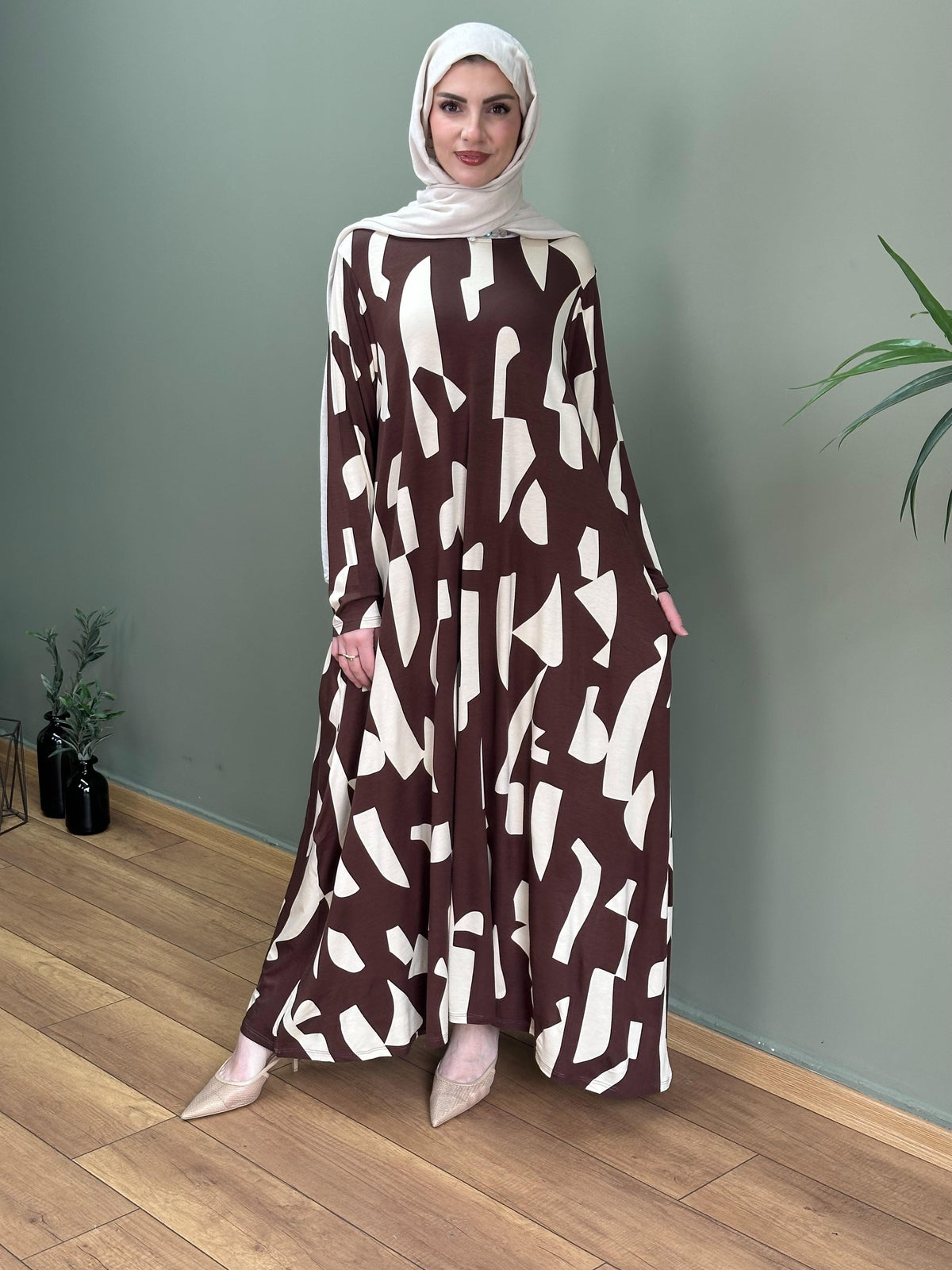 CAM KIRIĞI DESEN %100 PAMUKLU SWEAT ELBİSE KAHVE