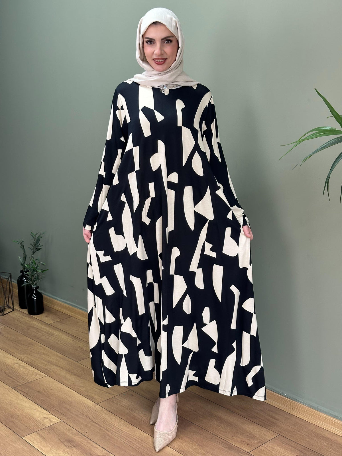 CAM KIRIĞI DESEN %100 PAMUKLU SWEAT ELBİSE SİYAH
