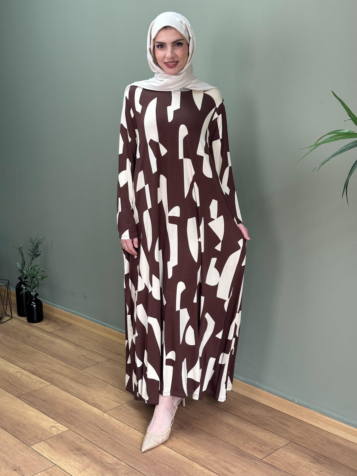 CAM KIRIĞI DESEN %100 PAMUKLU SWEAT ELBİSE KAHVE