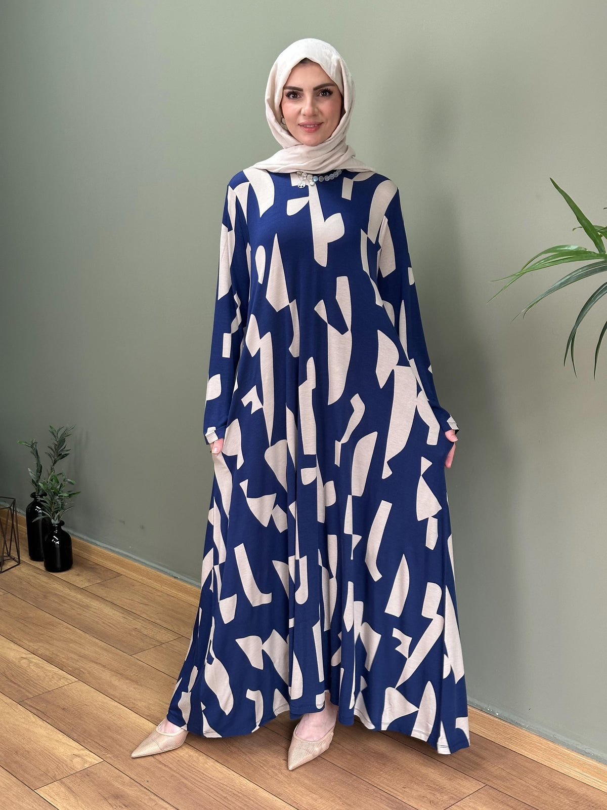 CAM KIRIĞI DESEN %100 PAMUKLU SWEAT ELBİSE MAVİ