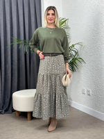 ÇİÇEKLİ ETEK BLUZ TAKIM HAKİ
