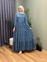 ÇITIR DESEN ETEK VOLANLI MAKSİ ELBİSE MAVİ
