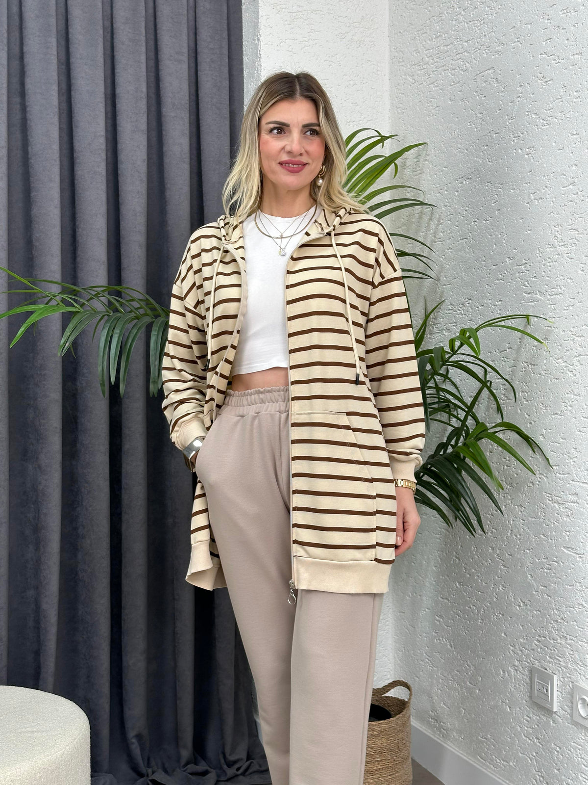 ÇİZGİLİ BASİC FERMUARLI SWEAT TUNİK KAHVE
