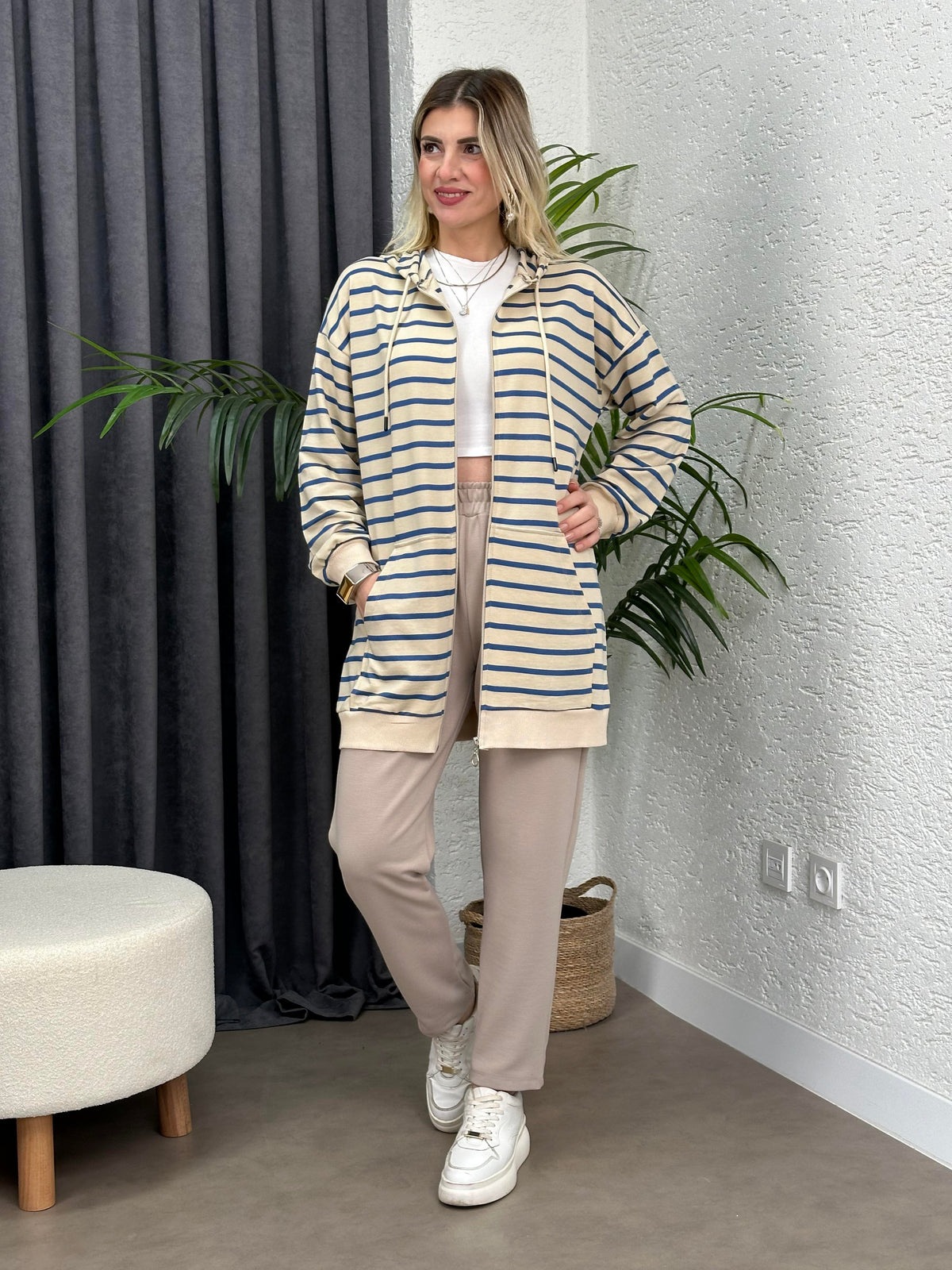 ÇİZGİLİ BASİC FERMUARLI SWEAT TUNİK MAVİ