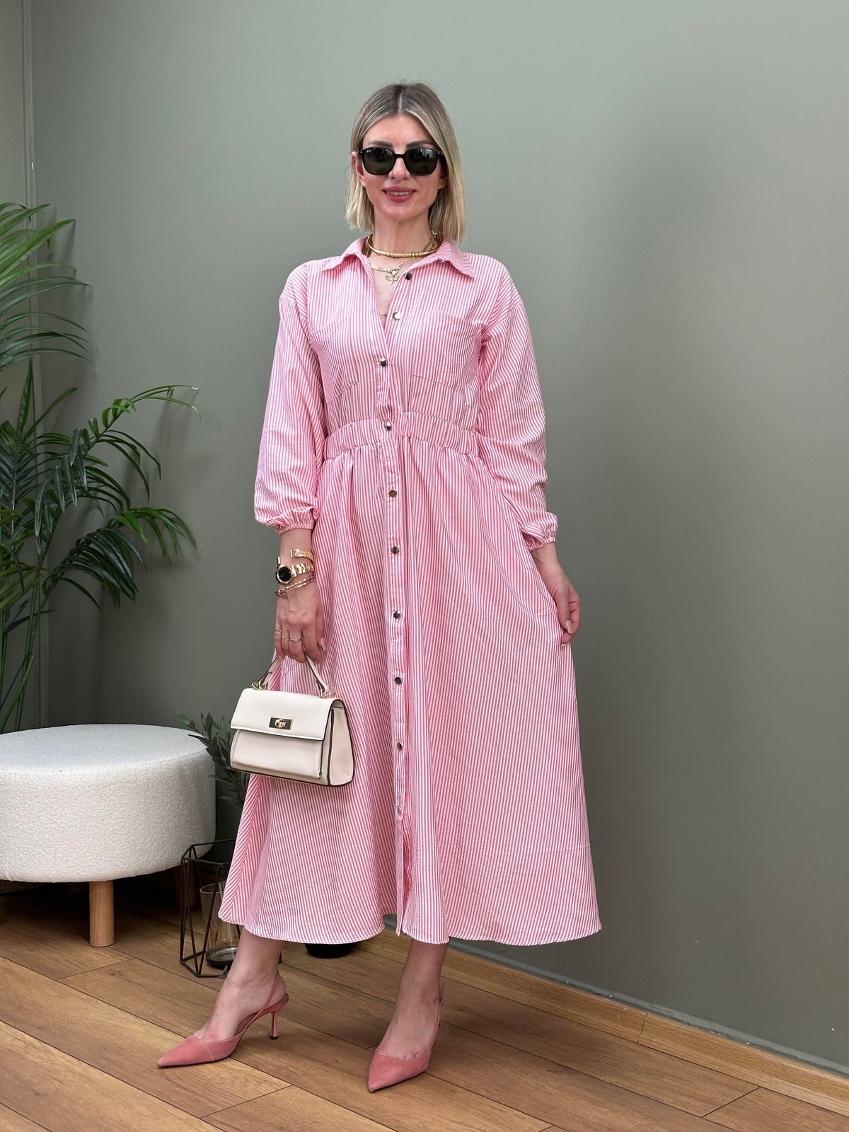 ÇİZGİLİ POPLİN GÖMLEK ELBİSE PEMBE