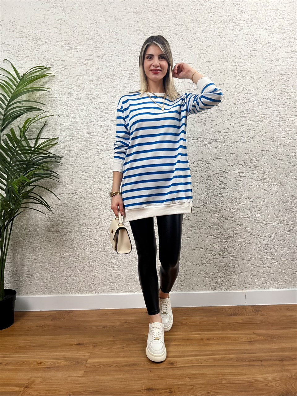 ÇİZGİLİ SWEAT TUNİK MAVİ BEYAZ