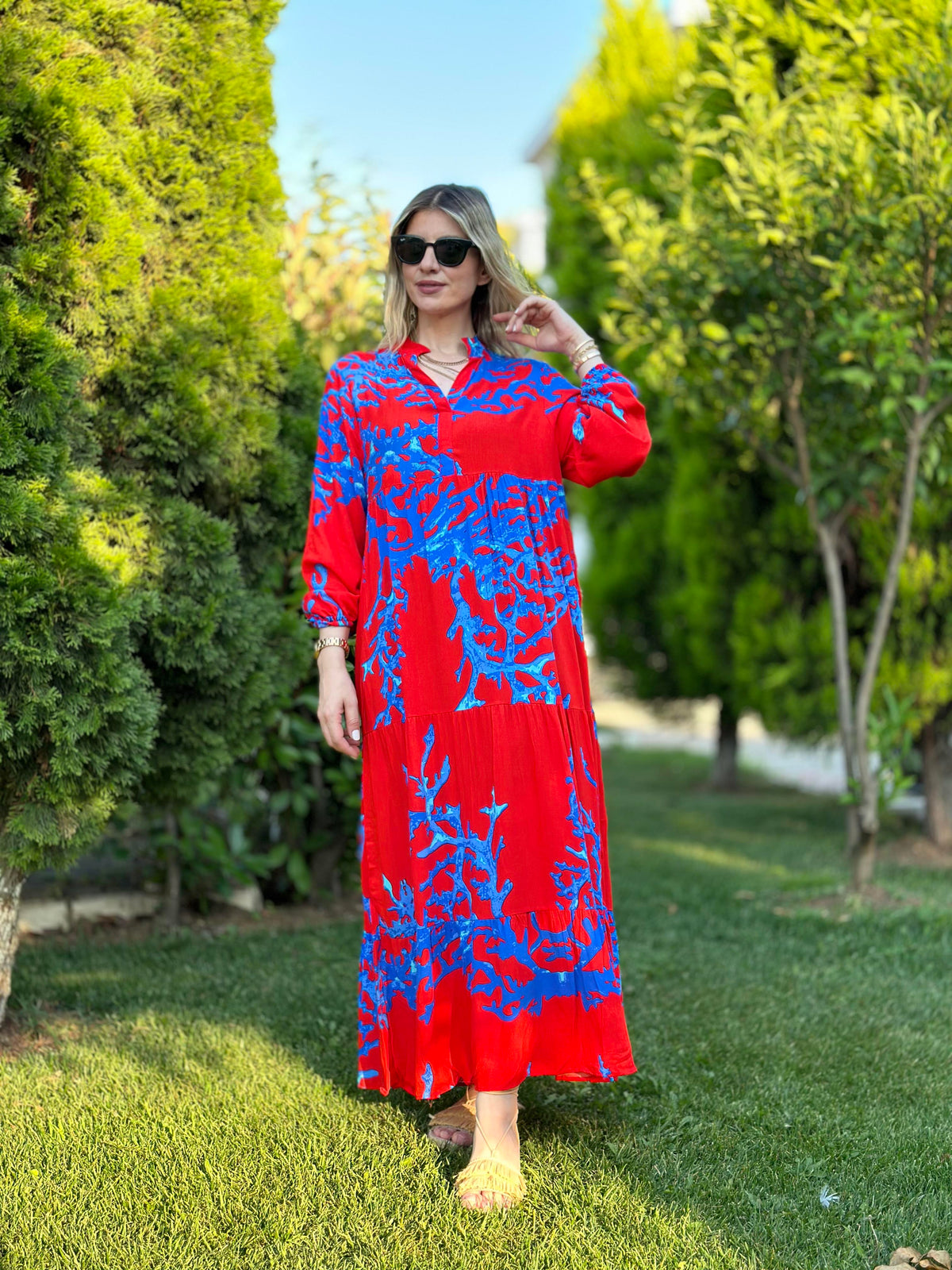 DAL DESEN DOKUMA PAMUK VİSKON ELBİSE KIRMIZI TEMA