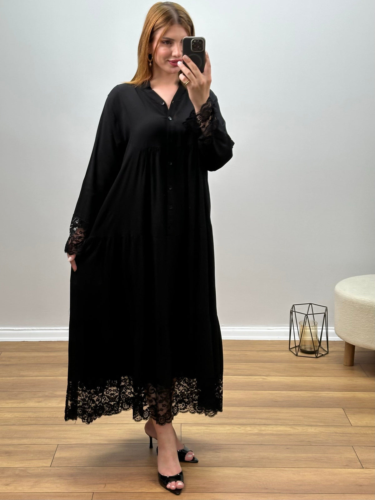 DANTEL DETAYLI %100 PAMUK İTALYAN VİSKON ELBİSE SİYAH