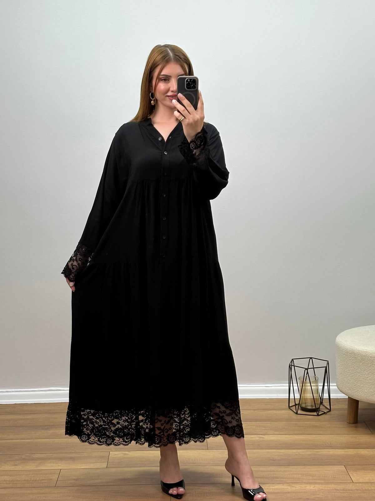 DANTEL DETAYLI %100 PAMUK İTALYAN VİSKON ELBİSE SİYAH