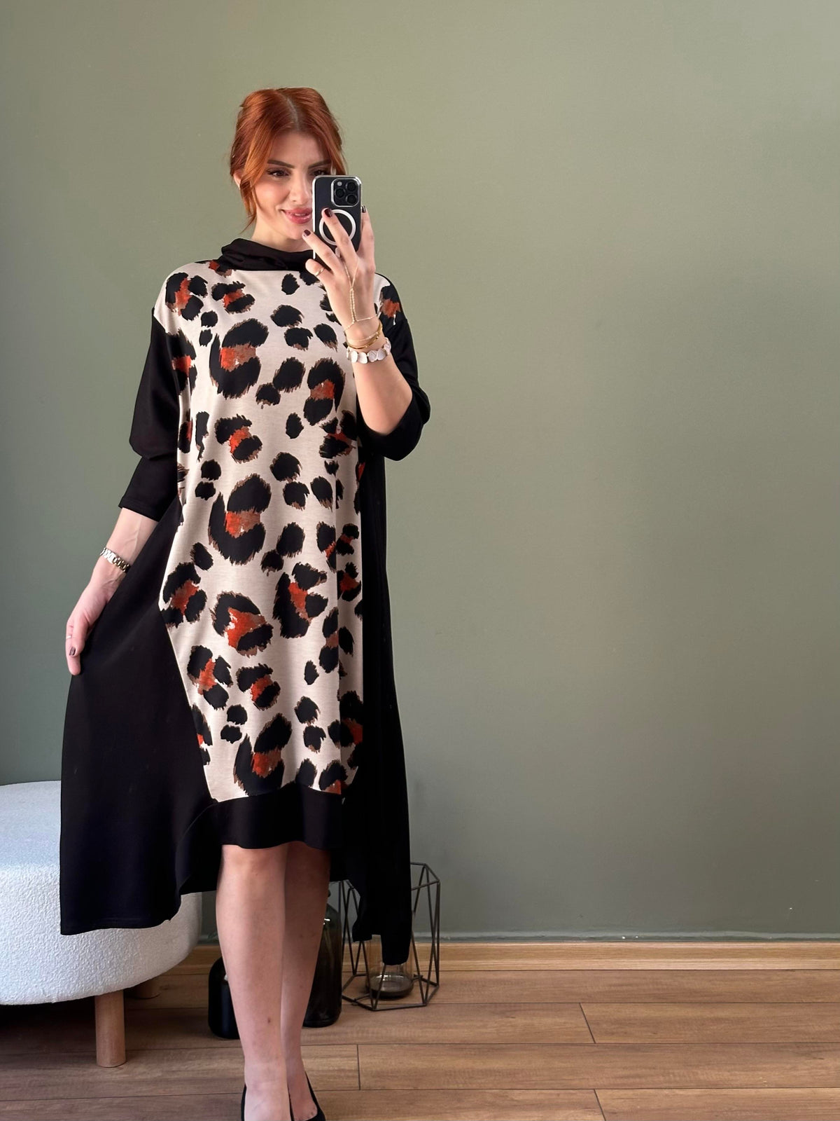DEGAJE YAKA ASİMETRİK KESİM TUNİK LEOPAR  DESEN