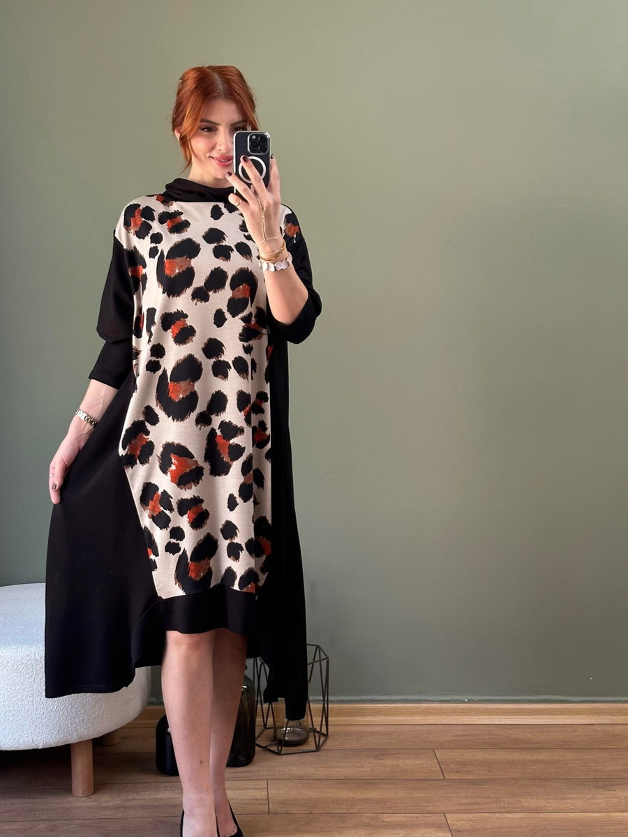 DEGAJE YAKA ASİMETRİK KESİM TUNİK LEOPAR  DESEN