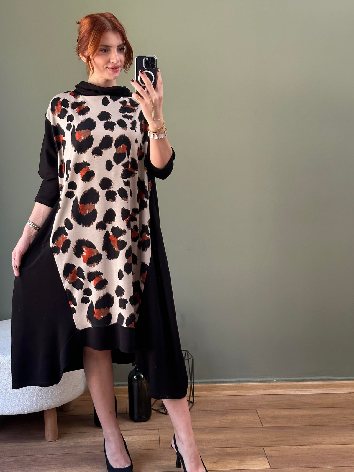 DEGAJE YAKA ASİMETRİK KESİM TUNİK LEOPAR  DESEN