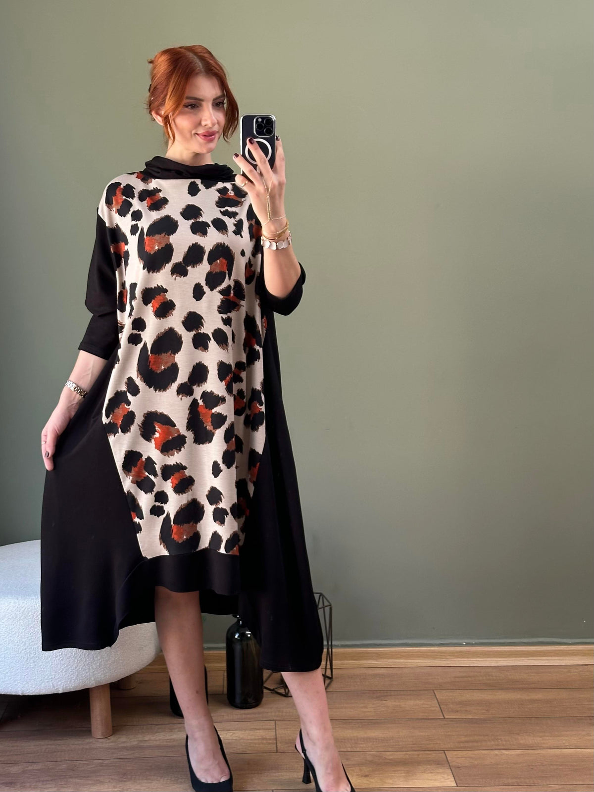 DEGAJE YAKA ASİMETRİK KESİM TUNİK LEOPAR  DESEN