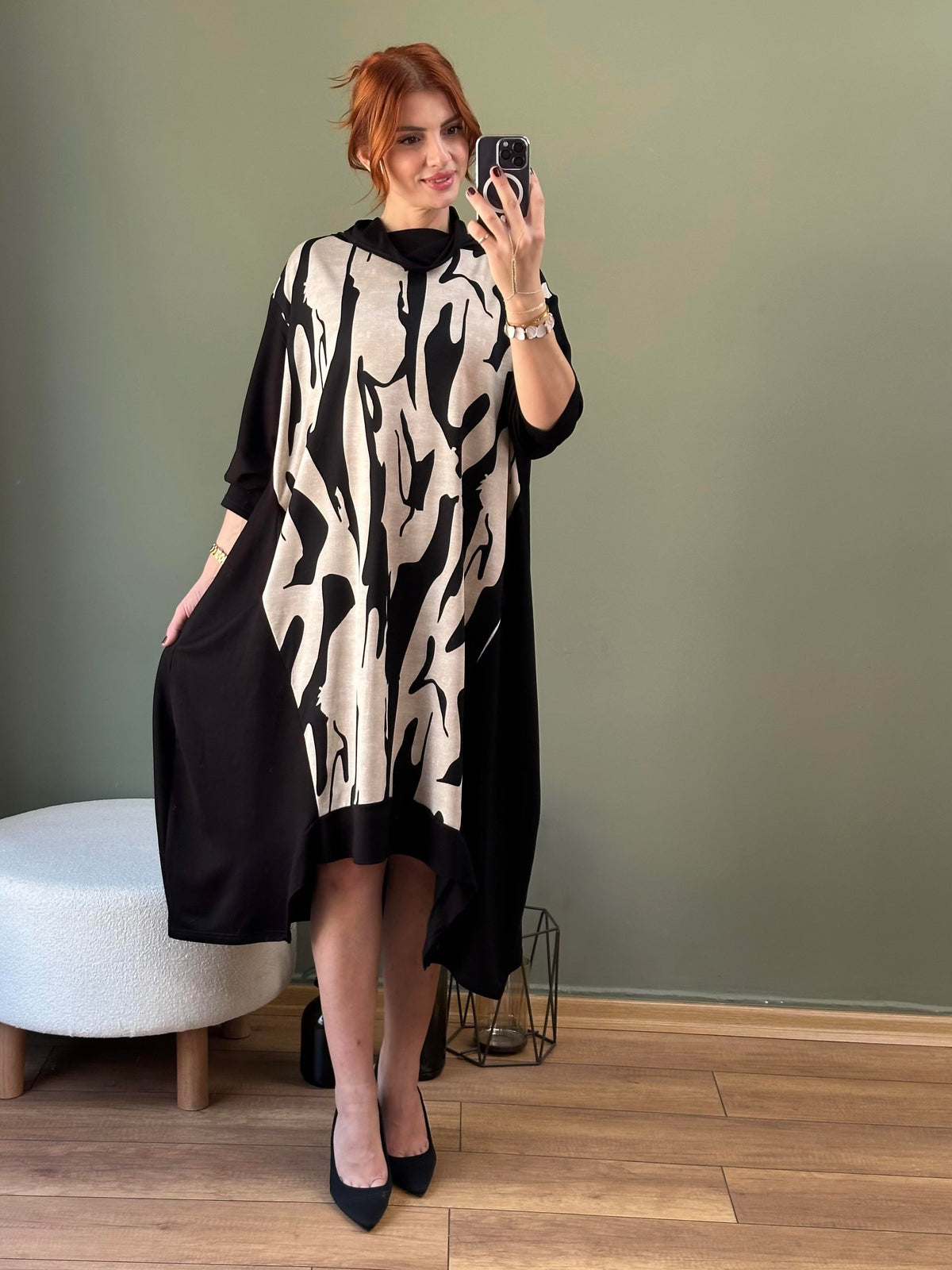 DEGAJE YAKA ASİMETRİK KESİM TUNİK ZEBRA DESEN
