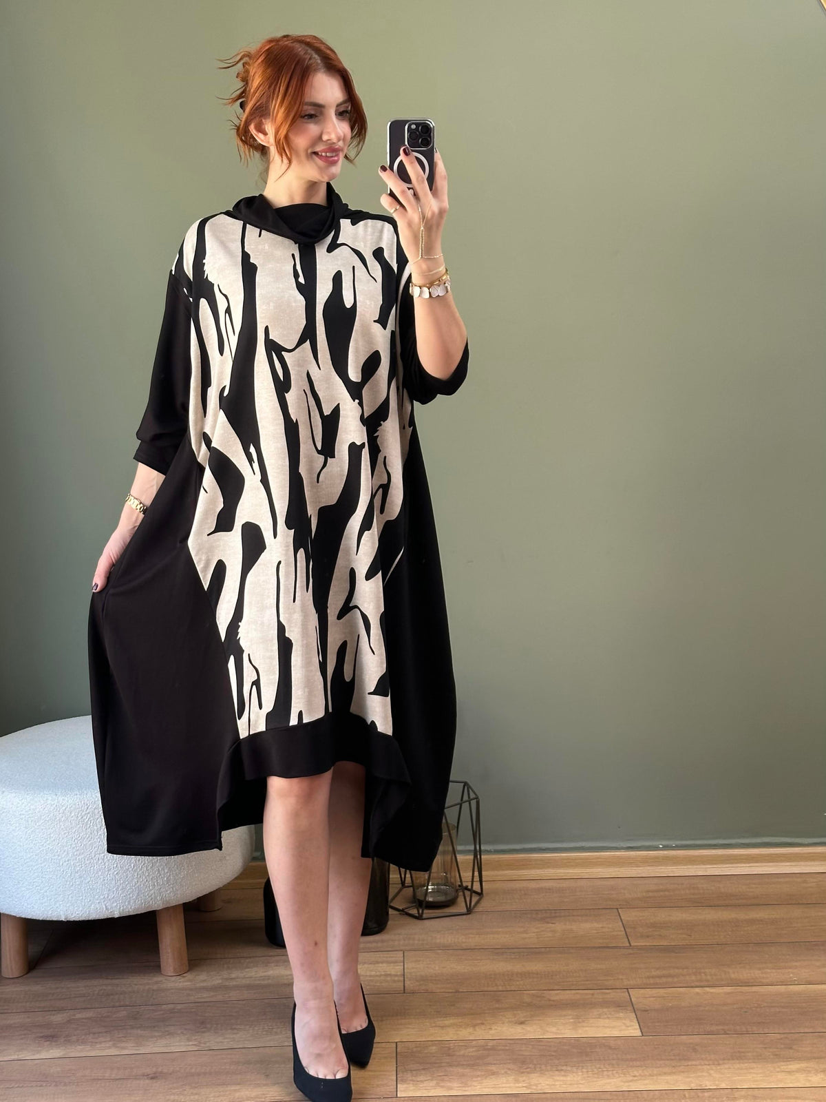DEGAJE YAKA ASİMETRİK KESİM TUNİK ZEBRA DESEN
