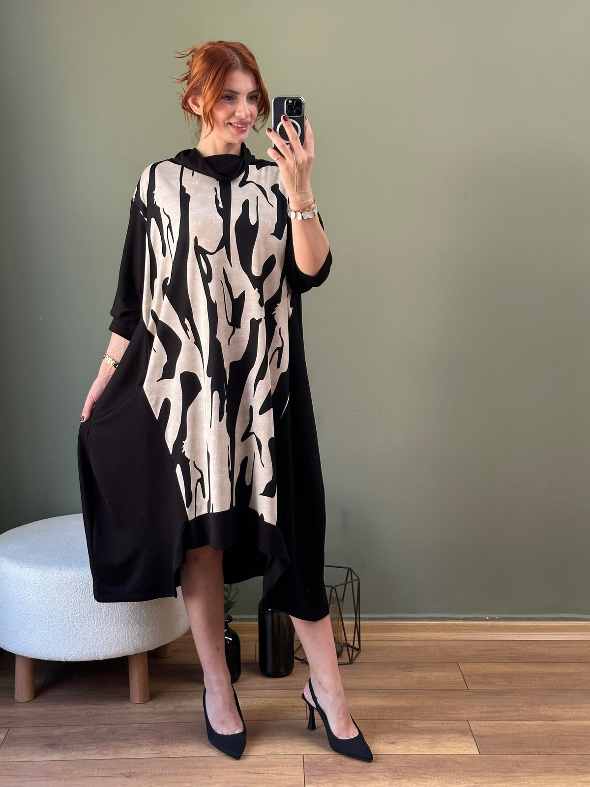 DEGAJE YAKA ASİMETRİK KESİM TUNİK ZEBRA DESEN