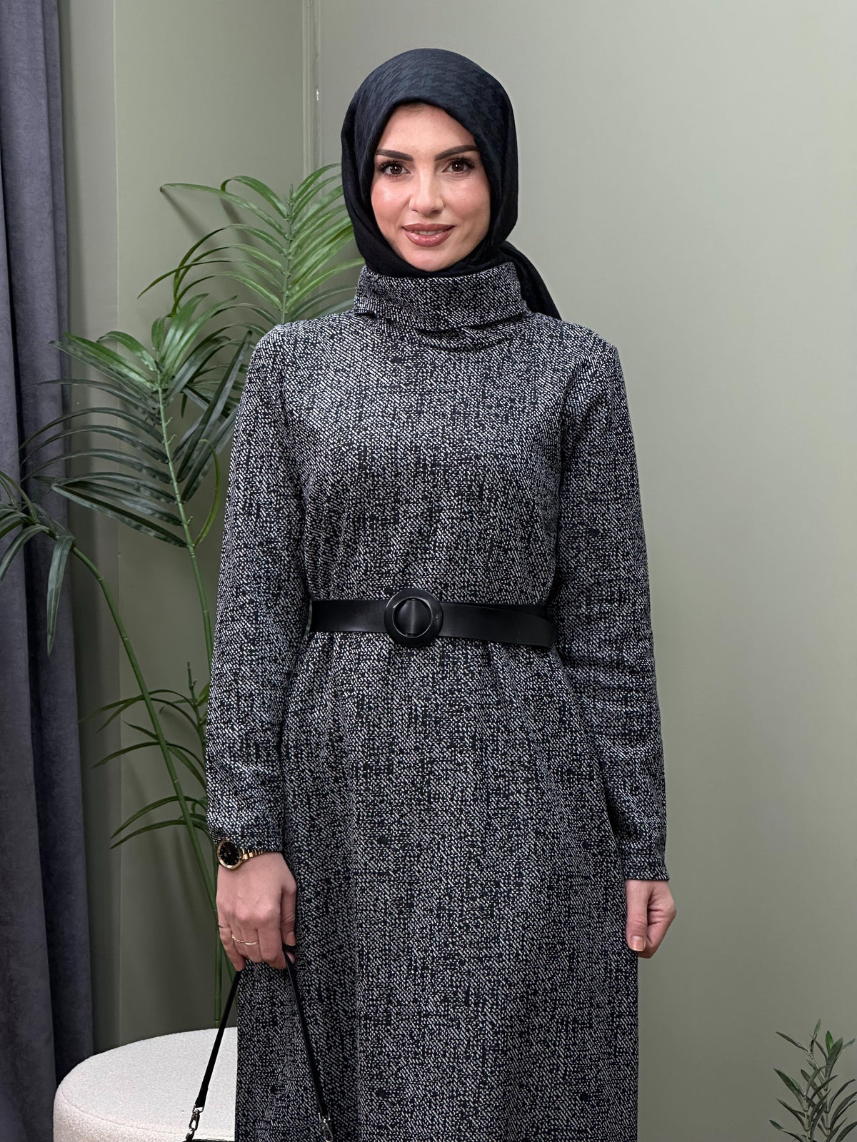 DEGAJE YAKA JAKARLI KEMERLİ  ELBİSE GRİ